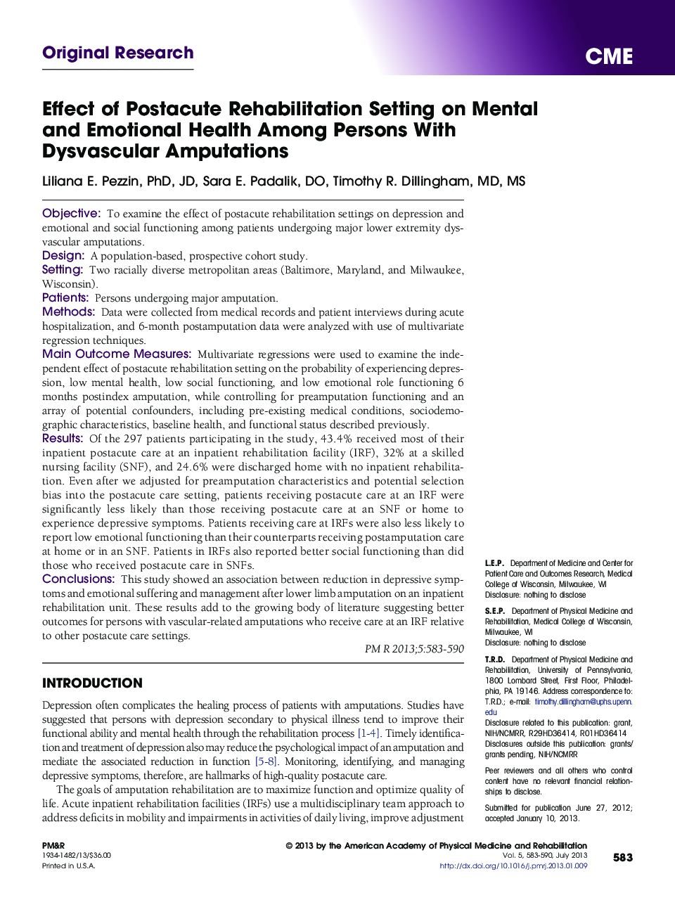 Effect of Postacute Rehabilitation Setting on Mental and Emotional Health Among Persons With Dysvascular Amputations 