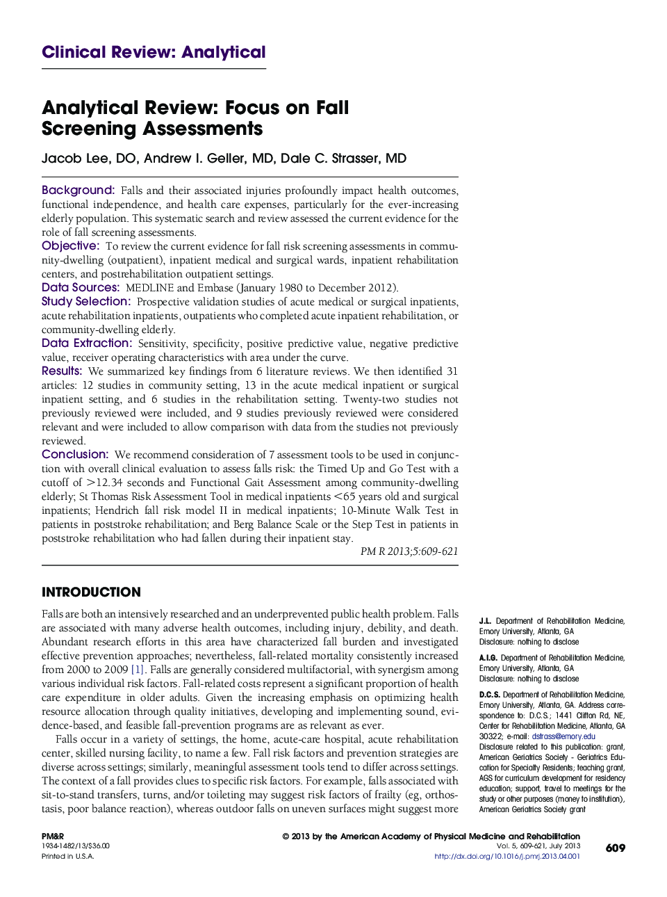 Analytical Review: Focus on Fall Screening Assessments