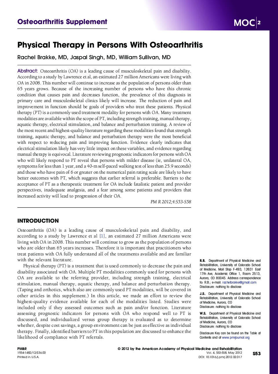 Physical Therapy in Persons With Osteoarthritis 