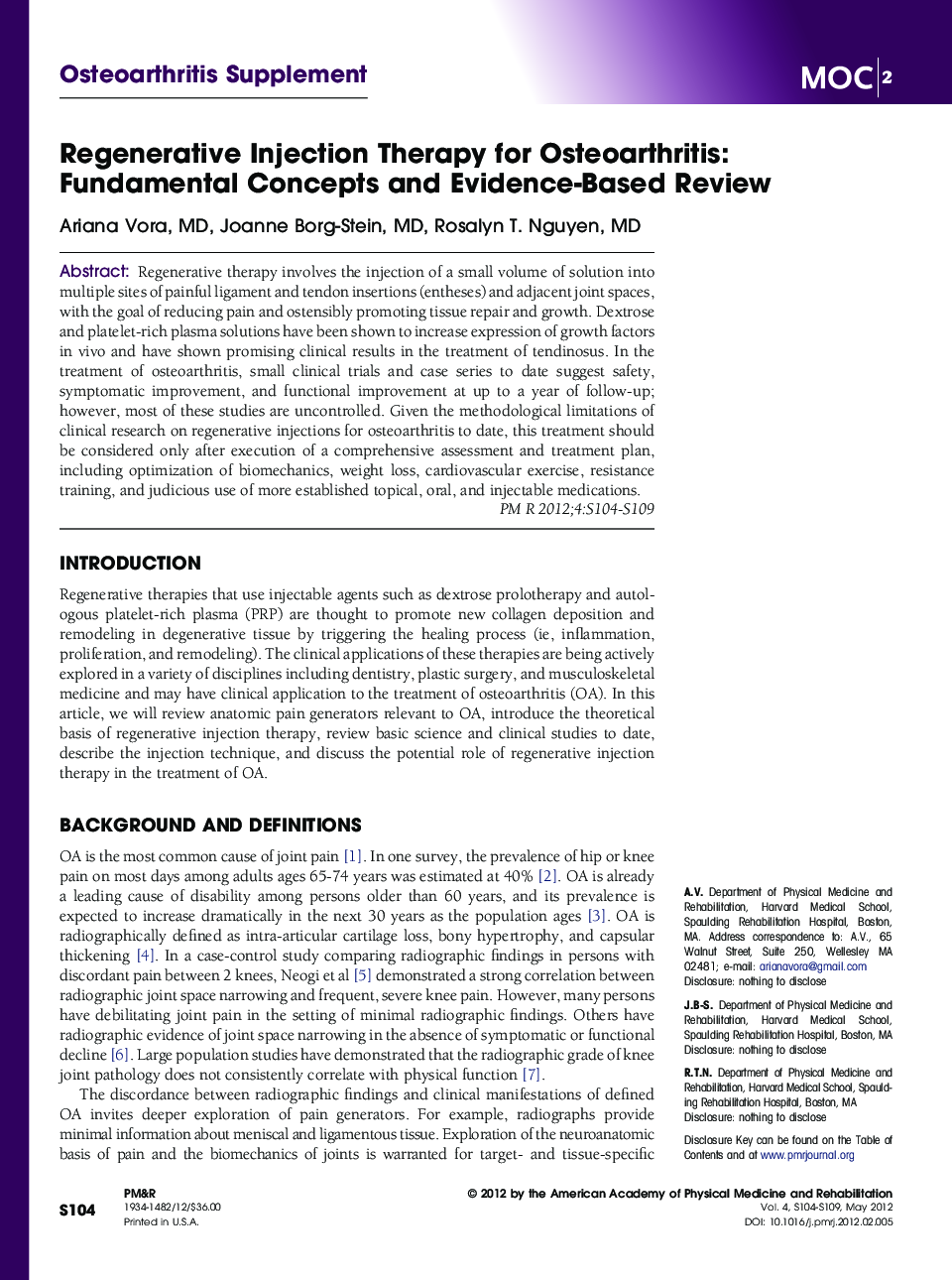 Regenerative Injection Therapy for Osteoarthritis: Fundamental Concepts and Evidence-Based Review 