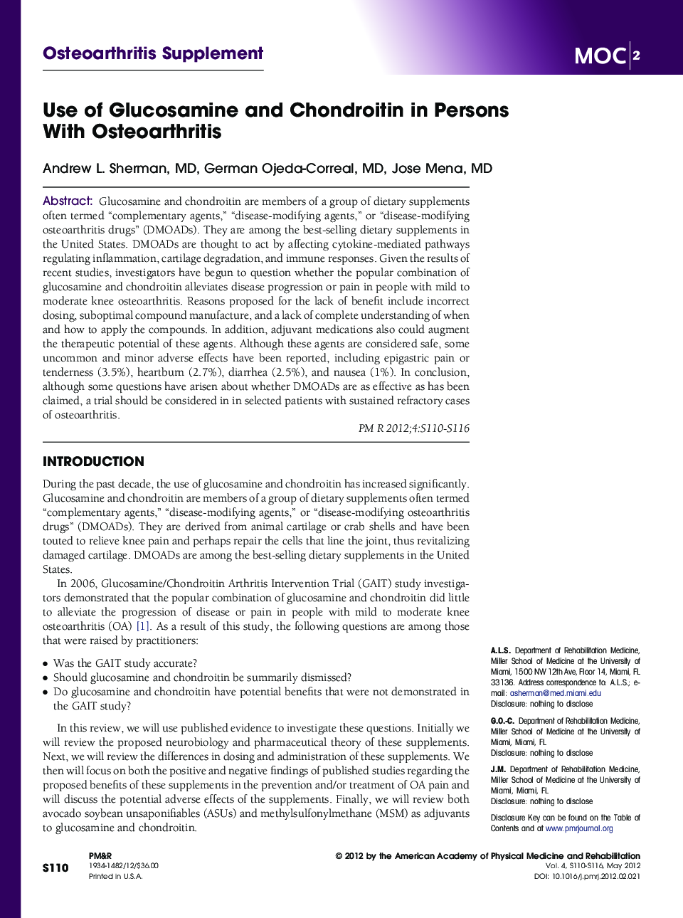 Use of Glucosamine and Chondroitin in Persons With Osteoarthritis 