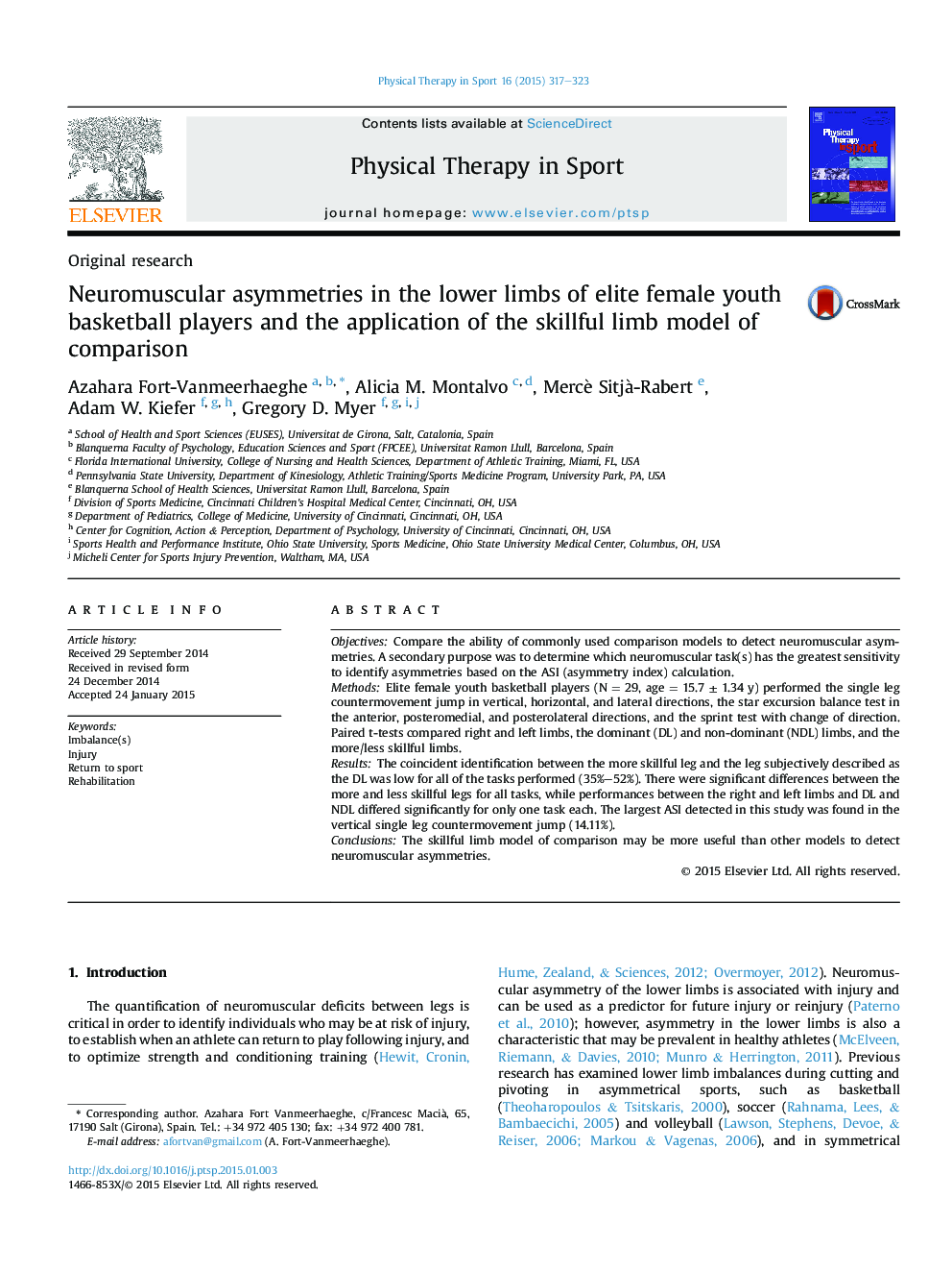 Neuromuscular asymmetries in the lower limbs of elite female youth basketball players and the application of the skillful limb model of comparison