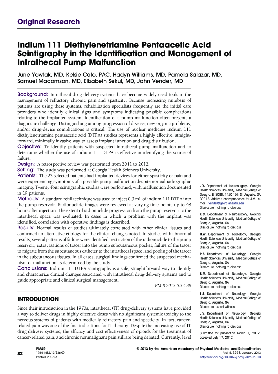 Indium 111 Diethylenetriamine Pentaacetic Acid Scintigraphy in the Identification and Management of Intrathecal Pump Malfunction