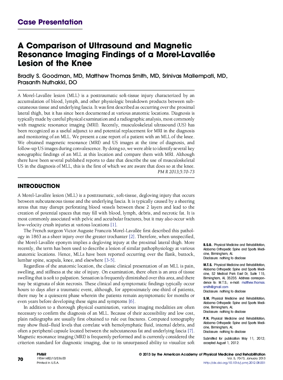 A Comparison of Ultrasound and Magnetic Resonance Imaging Findings of a Morel-Lavallée Lesion of the Knee