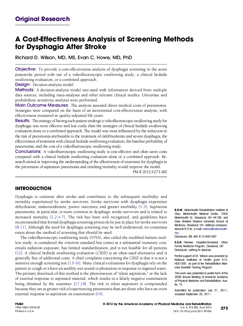 A Cost-Effectiveness Analysis of Screening Methods for Dysphagia After Stroke 