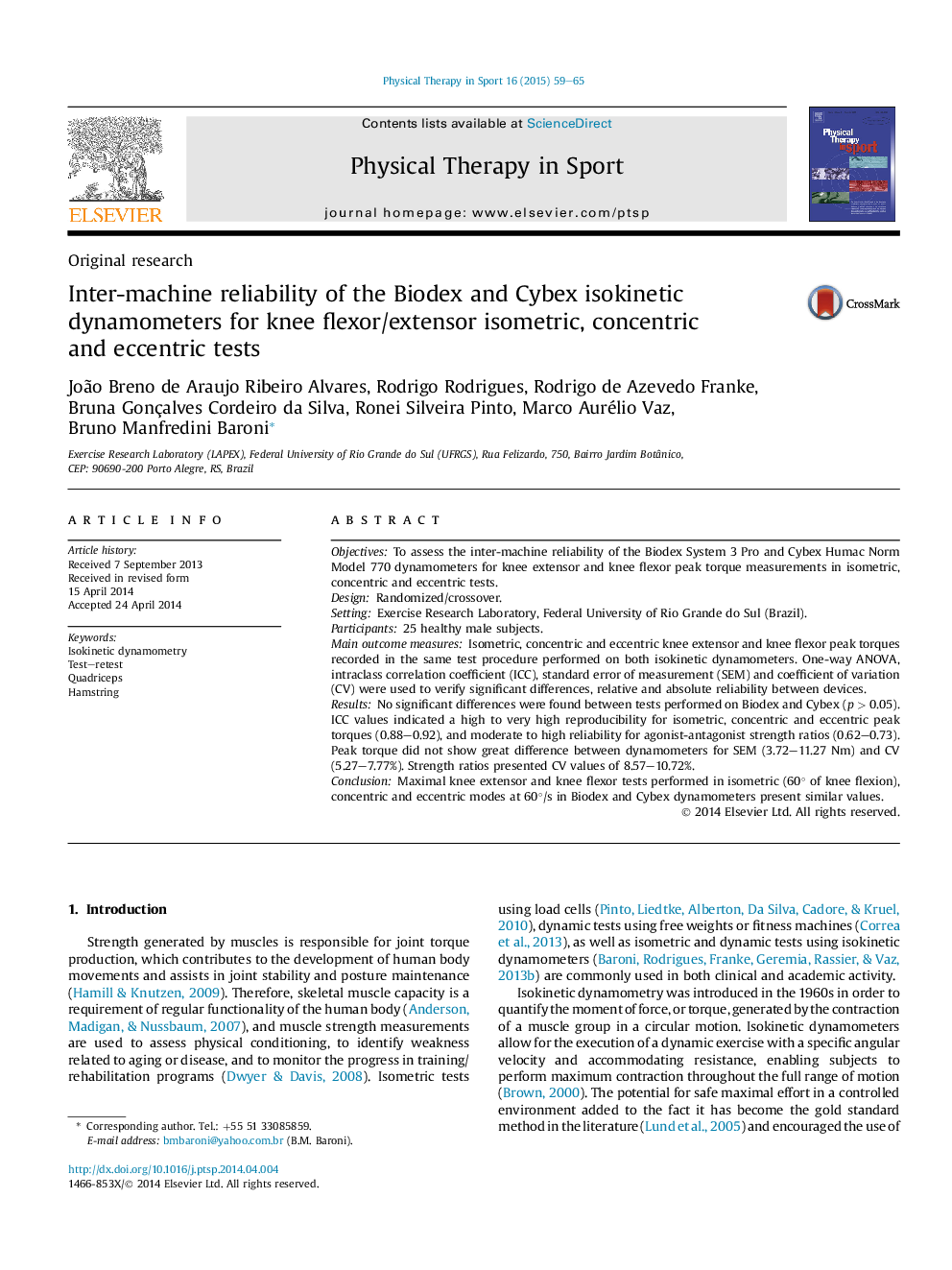 Inter-machine reliability of the Biodex and Cybex isokinetic dynamometers for knee flexor/extensor isometric, concentric and eccentric tests