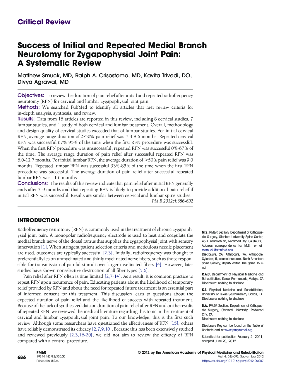 Success of Initial and Repeated Medial Branch Neurotomy for Zygapophysial Joint Pain: A Systematic Review 