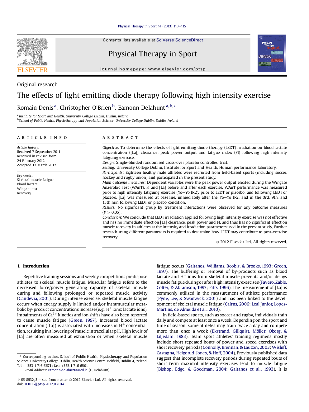 The effects of light emitting diode therapy following high intensity exercise