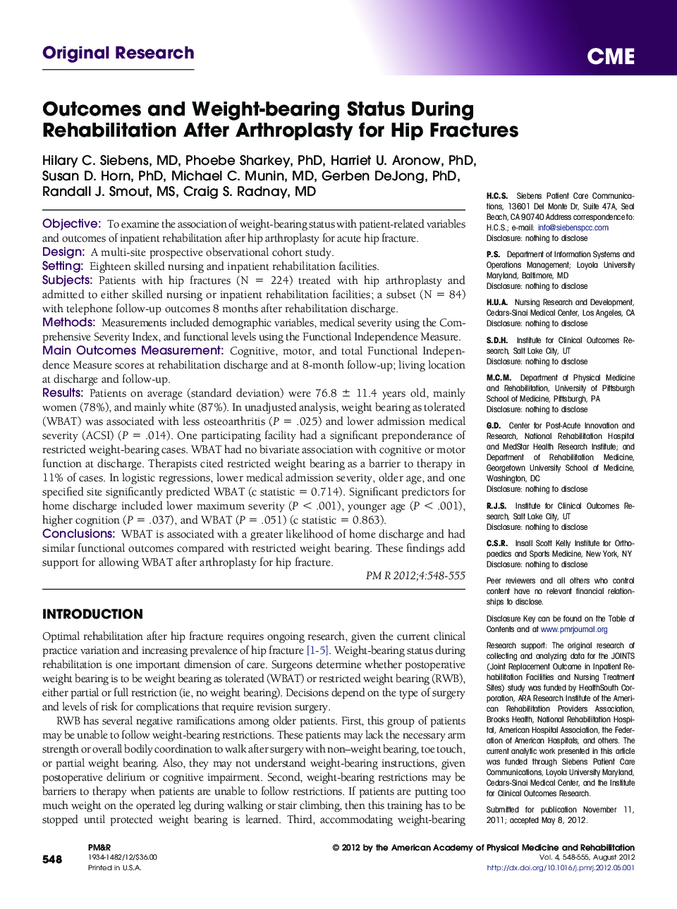 Outcomes and Weight-bearing Status During Rehabilitation After Arthroplasty for Hip Fractures 