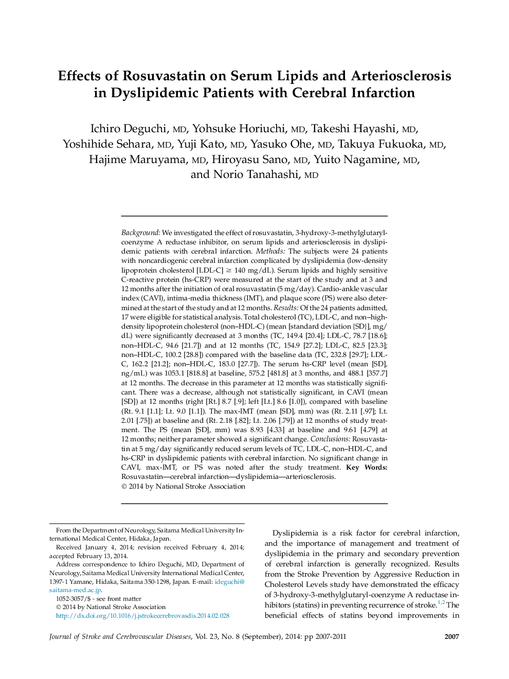 Effects of Rosuvastatin on Serum Lipids and Arteriosclerosis in Dyslipidemic Patients with Cerebral Infarction