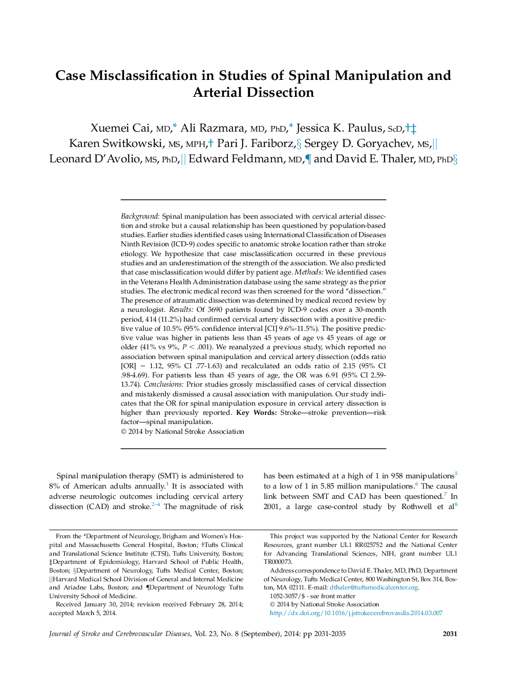 Case Misclassification in Studies of Spinal Manipulation and Arterial Dissection 