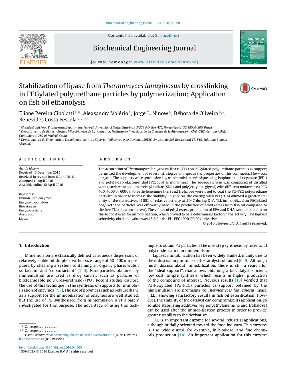 Stabilization of lipase from Thermomyces lanuginosus by crosslinking in PEGylated polyurethane particles by polymerization: Application on fish oil ethanolysis