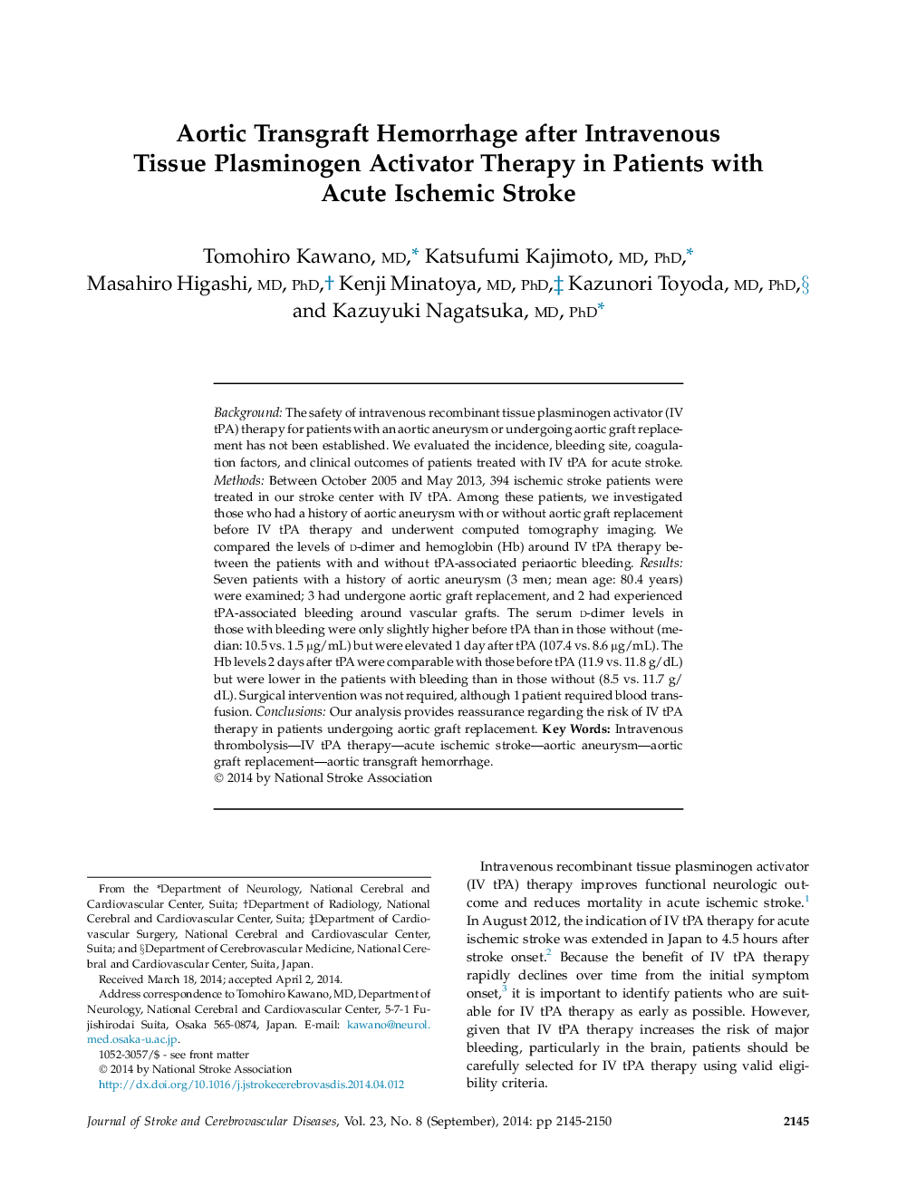 Aortic Transgraft Hemorrhage after Intravenous Tissue Plasminogen Activator Therapy in Patients with Acute Ischemic Stroke