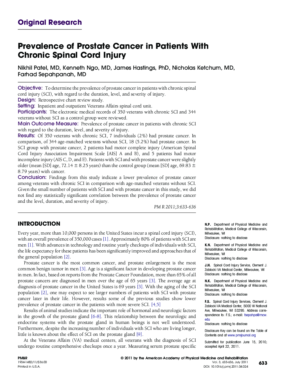 Prevalence of Prostate Cancer in Patients With Chronic Spinal Cord Injury 