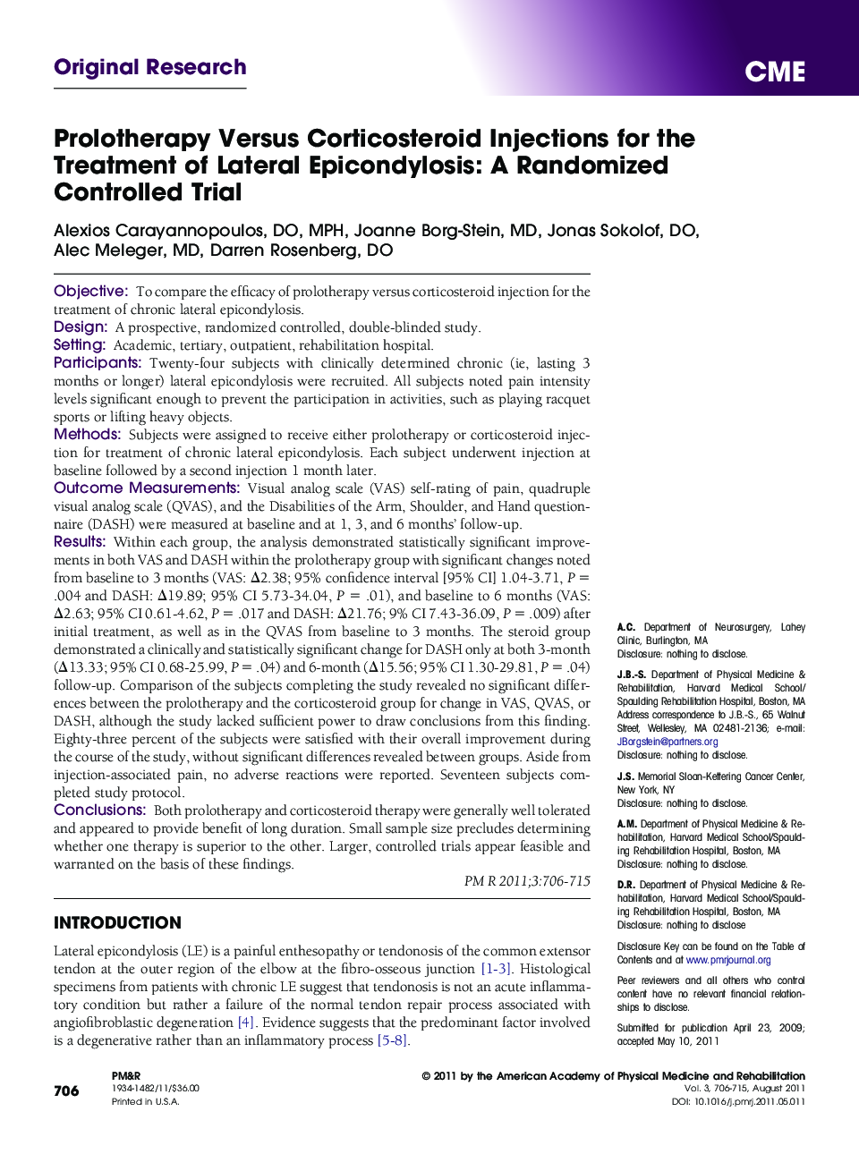 Prolotherapy Versus Corticosteroid Injections for the Treatment of Lateral Epicondylosis: A Randomized Controlled Trial 