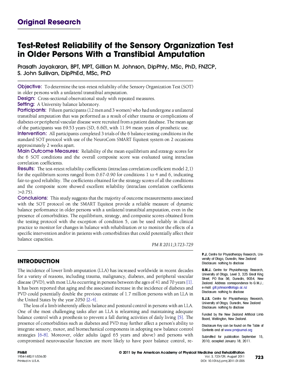 Test-Retest Reliability of the Sensory Organization Test in Older Persons With a Transtibial Amputation 