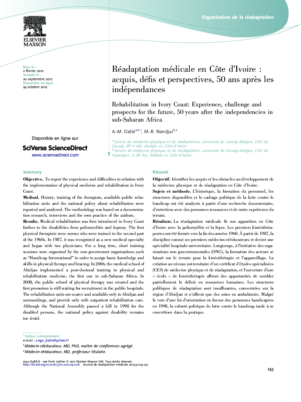 Réadaptation médicale en CÃ´te d'IvoireÂ : acquis, défis et perspectives, 50Â ans aprÃ¨s les indépendances