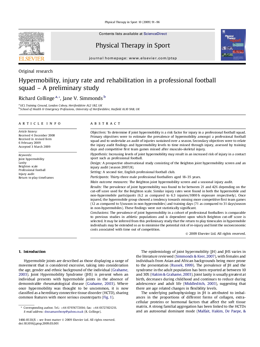 Hypermobility, injury rate and rehabilitation in a professional football squad – A preliminary study