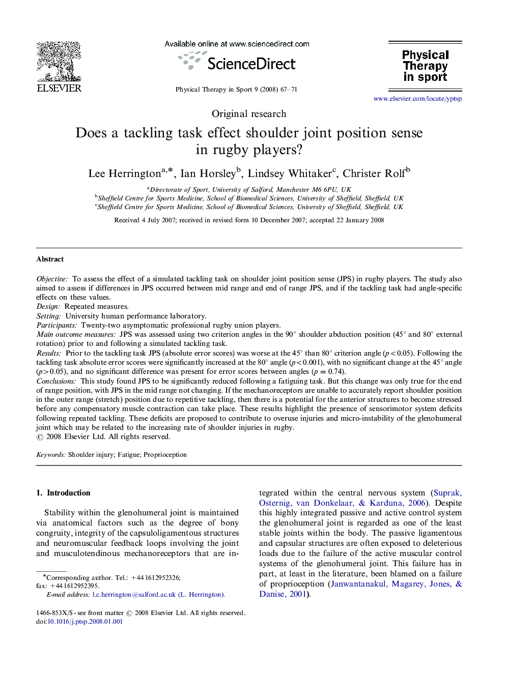 Does a tackling task effect shoulder joint position sense in rugby players?