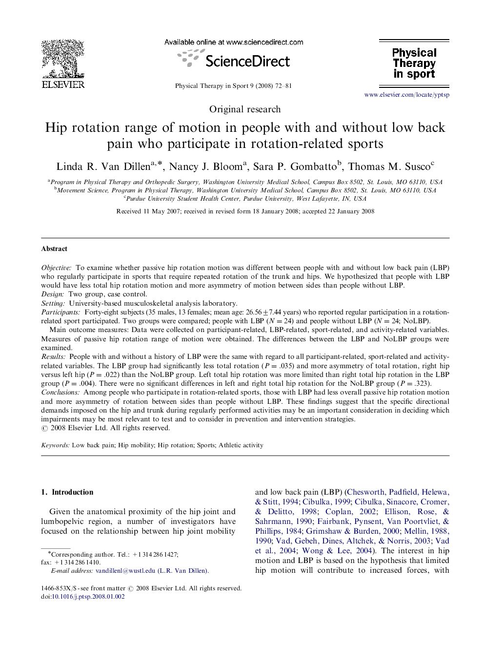 Hip rotation range of motion in people with and without low back pain who participate in rotation-related sports