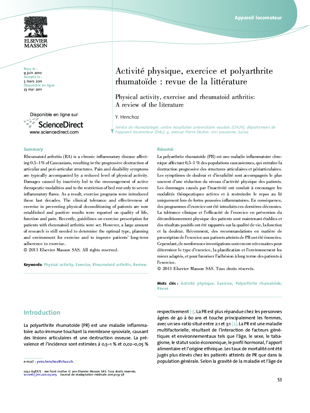 Activité physique, exercice et polyarthrite rhumatoïdeÂ : revue de la littérature