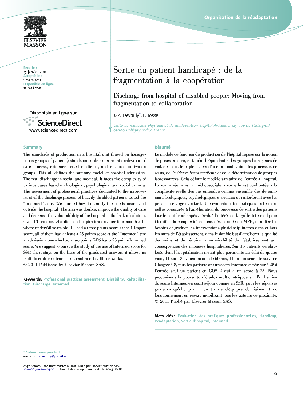 Sortie du patient handicapéÂ : de la fragmentation Ã  la coopération