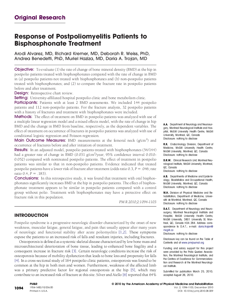 Response of Postpoliomyelitis Patients to Bisphosphonate Treatment 