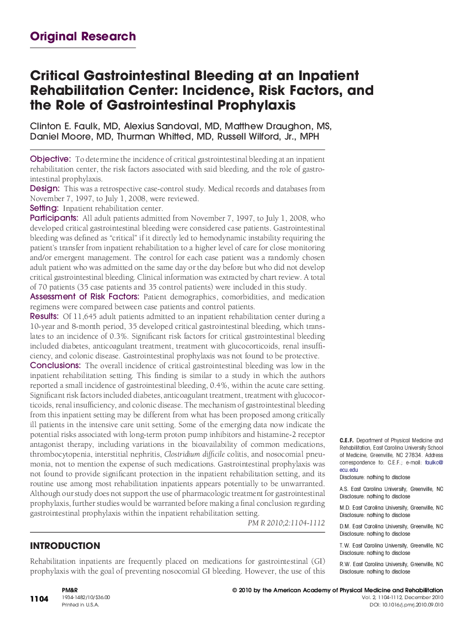 Critical Gastrointestinal Bleeding at an Inpatient Rehabilitation Center: Incidence, Risk Factors, and the Role of Gastrointestinal Prophylaxis