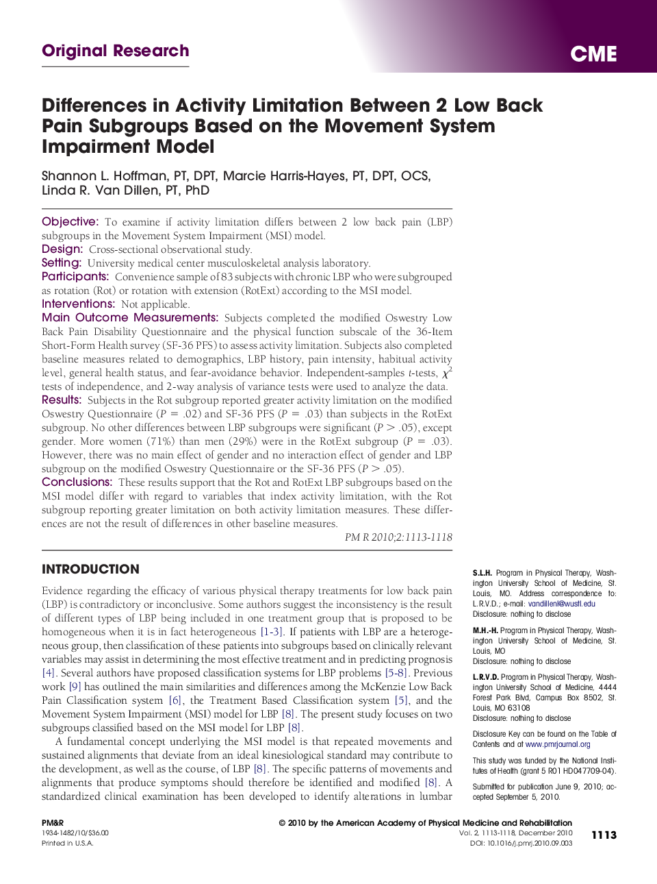 Differences in Activity Limitation Between 2 Low Back Pain Subgroups Based on the Movement System Impairment Model 