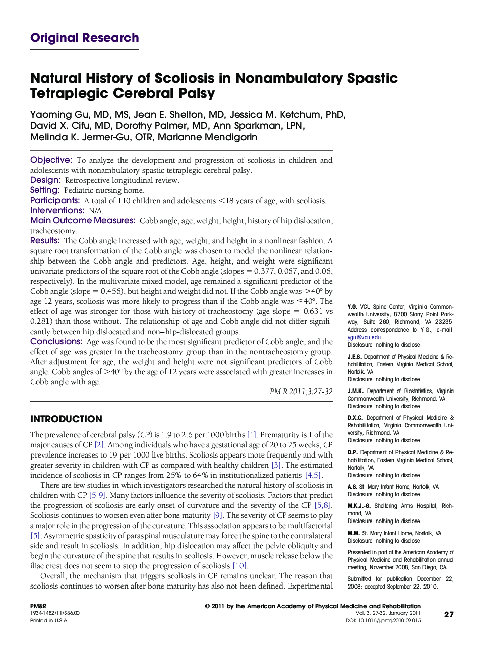 Natural History of Scoliosis in Nonambulatory Spastic Tetraplegic Cerebral Palsy