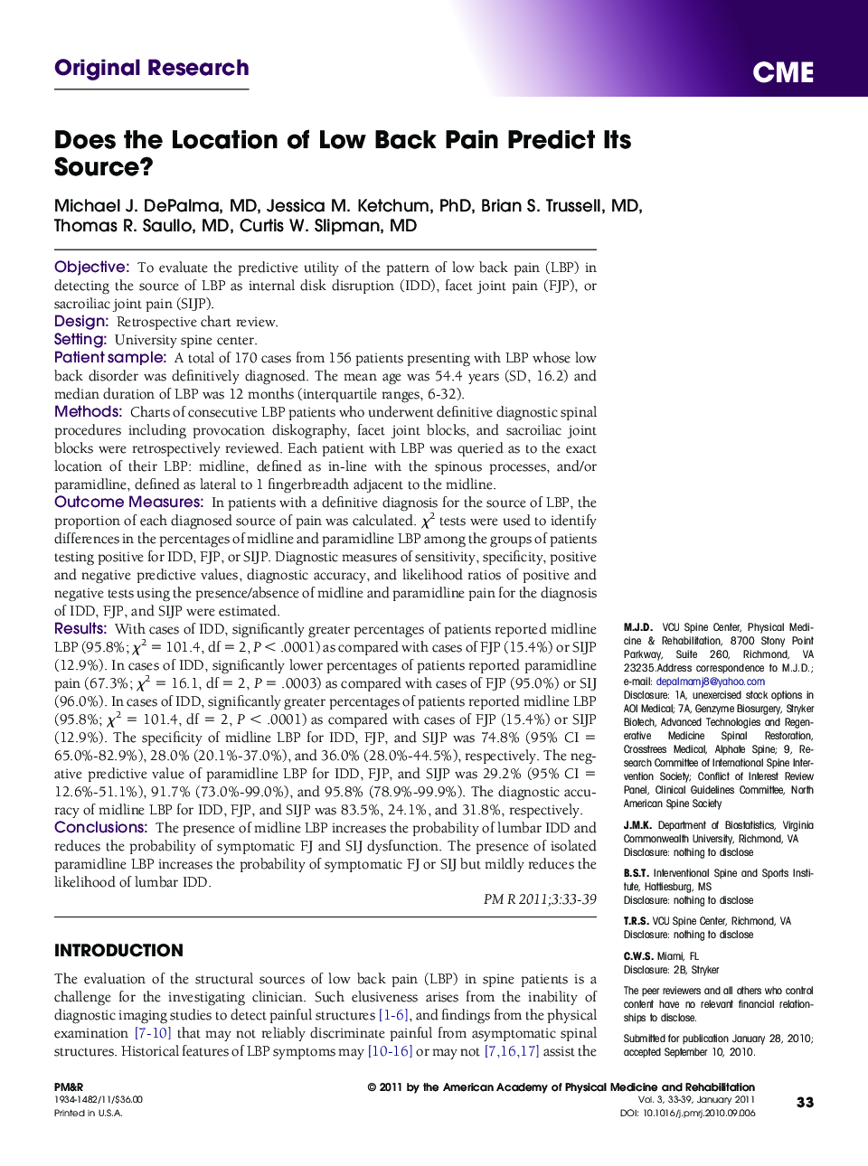 Does the Location of Low Back Pain Predict Its Source? 