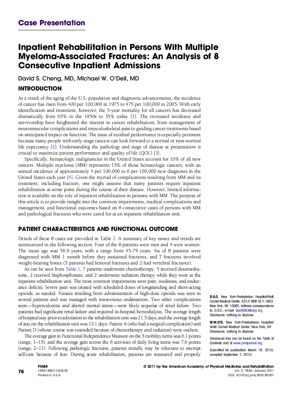 Inpatient Rehabilitation in Persons With Multiple Myeloma-Associated Fractures: An Analysis of 8 Consecutive Inpatient Admissions