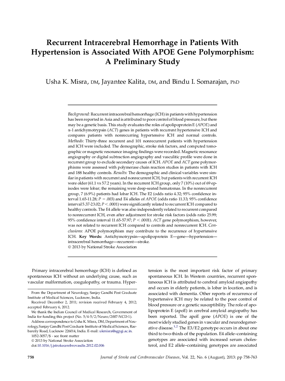 Recurrent Intracerebral Hemorrhage in Patients With Hypertension is Associated With APOE Gene Polymorphism: A Preliminary Study 