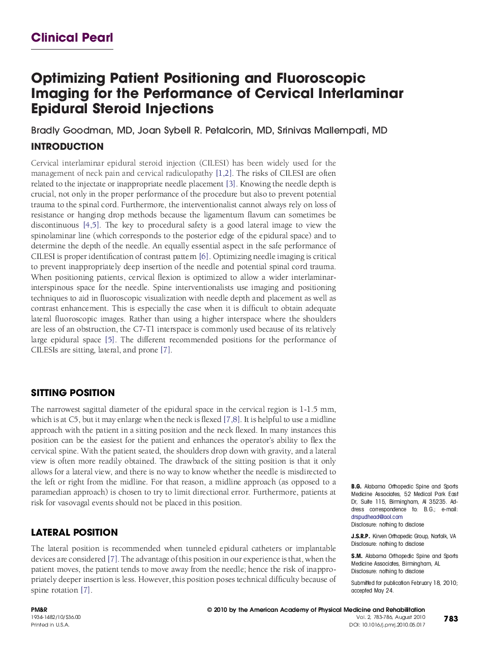 Optimizing Patient Positioning and Fluoroscopic Imaging for the Performance of Cervical Interlaminar Epidural Steroid Injections