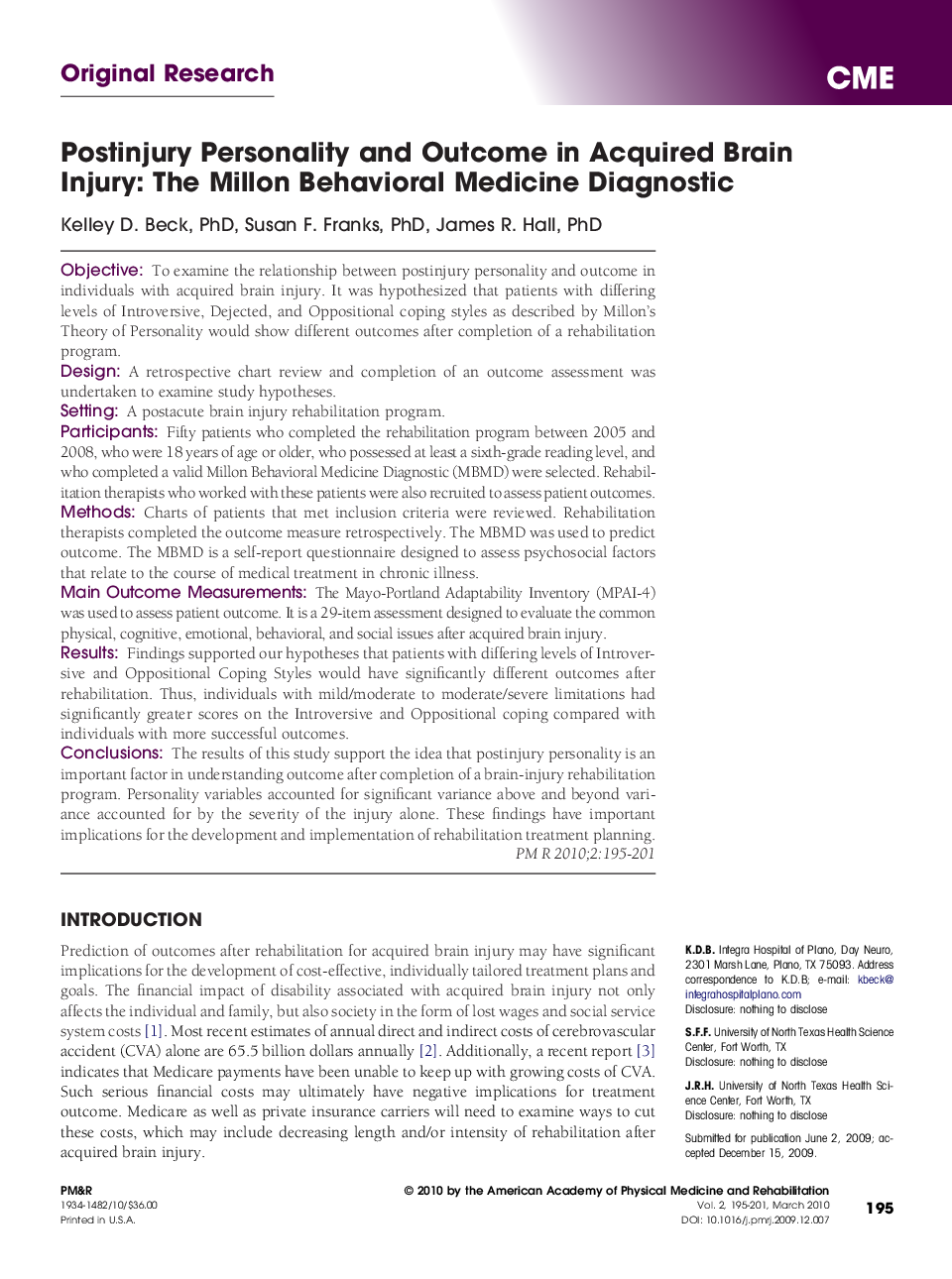 Postinjury Personality and Outcome in Acquired Brain Injury: The Millon Behavioral Medicine Diagnostic 