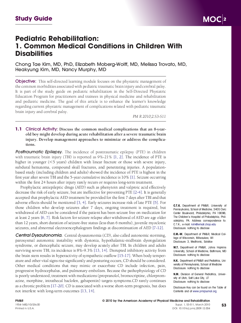 Pediatric Rehabilitation: 1. Common Medical Conditions in Children With Disabilities 