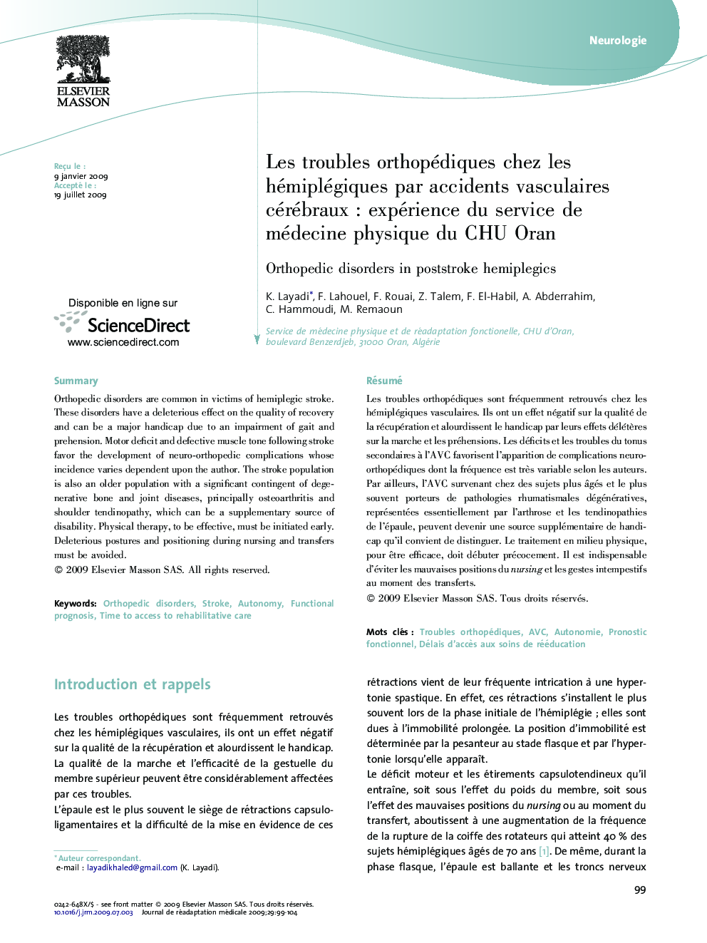 Les troubles orthopédiques chez les hémiplégiques par accidents vasculaires cérébrauxÂ : expérience du service de médecine physique du CHU Oran