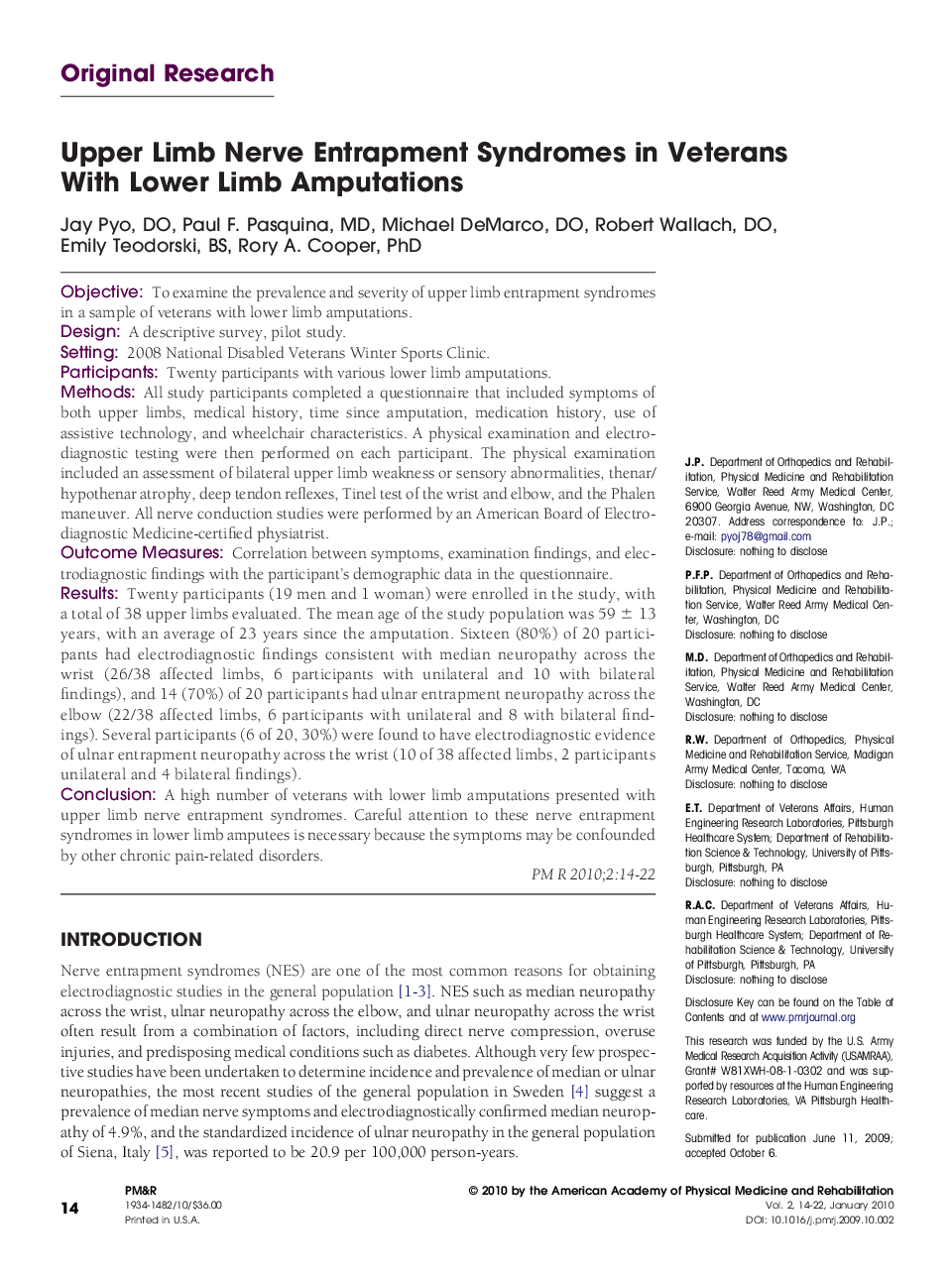 Upper Limb Nerve Entrapment Syndromes in Veterans With Lower Limb Amputations 