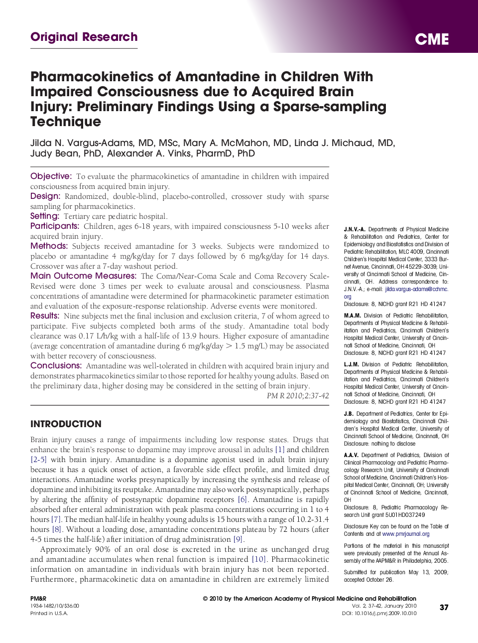 Pharmacokinetics of Amantadine in Children With Impaired Consciousness due to Acquired Brain Injury: Preliminary Findings Using a Sparse-sampling Technique 