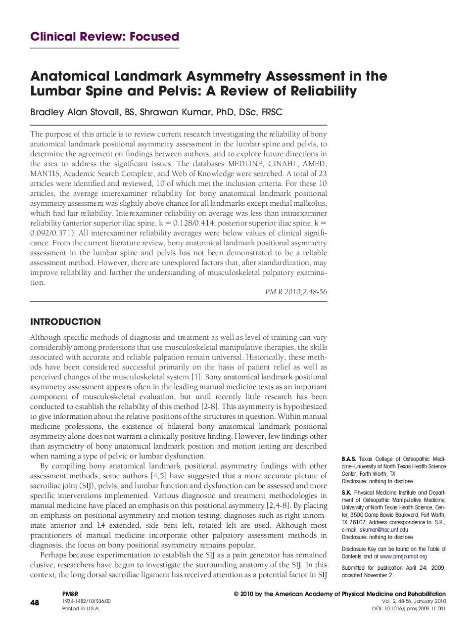 Anatomical Landmark Asymmetry Assessment in the Lumbar Spine and Pelvis: A Review of Reliability