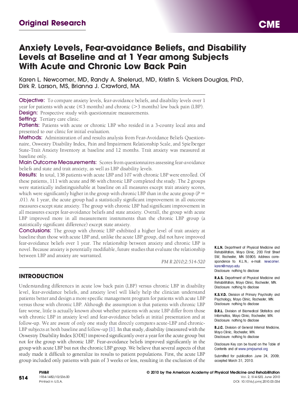 Anxiety Levels, Fear-avoidance Beliefs, and Disability Levels at Baseline and at 1 Year among Subjects with Acute and Chronic Low Back Pain 