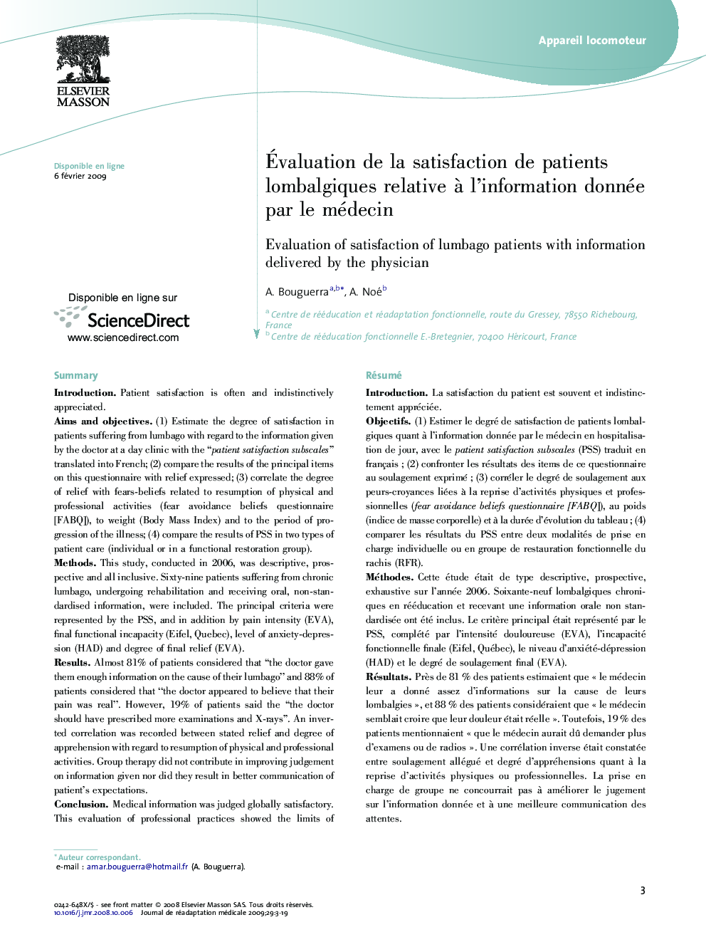 Ãvaluation de la satisfaction de patients lombalgiques relative Ã  l'information donnée par le médecin