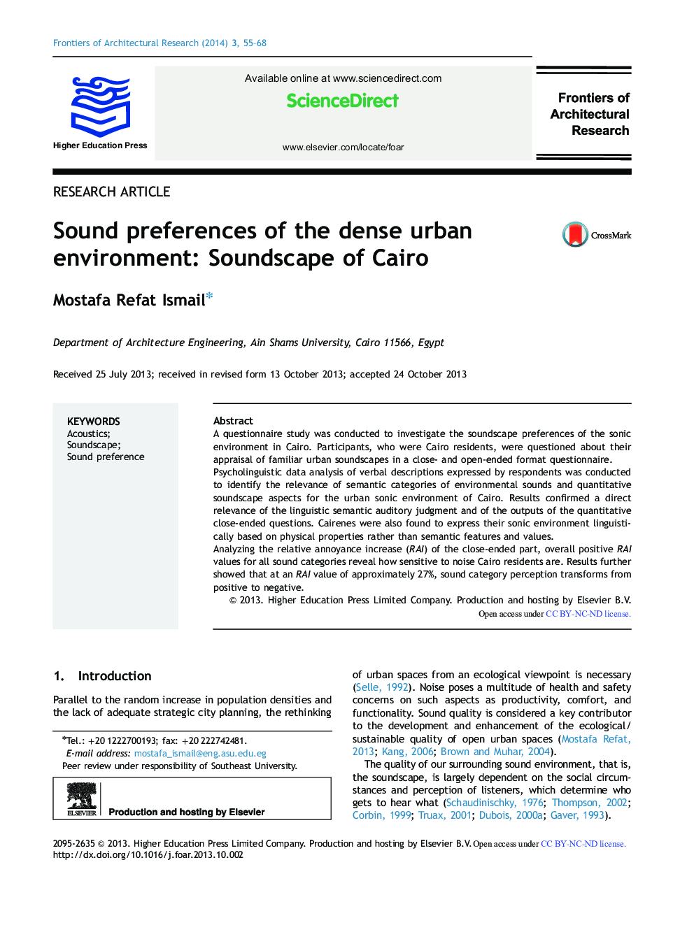 Sound preferences of the dense urban environment: Soundscape of Cairo 