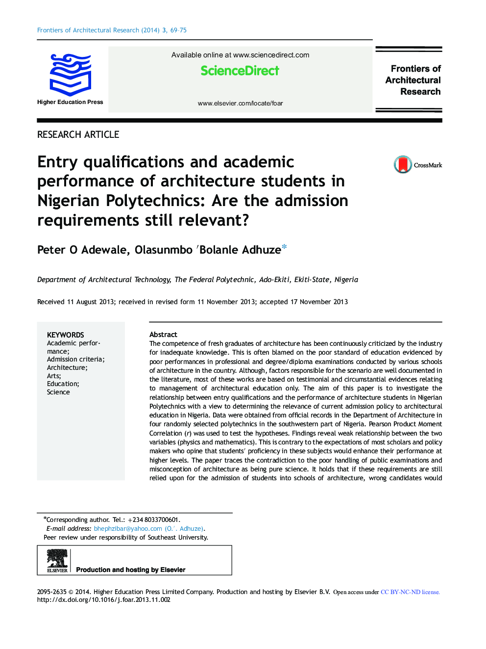 Entry qualifications and academic performance of architecture students in Nigerian Polytechnics: Are the admission requirements still relevant? 