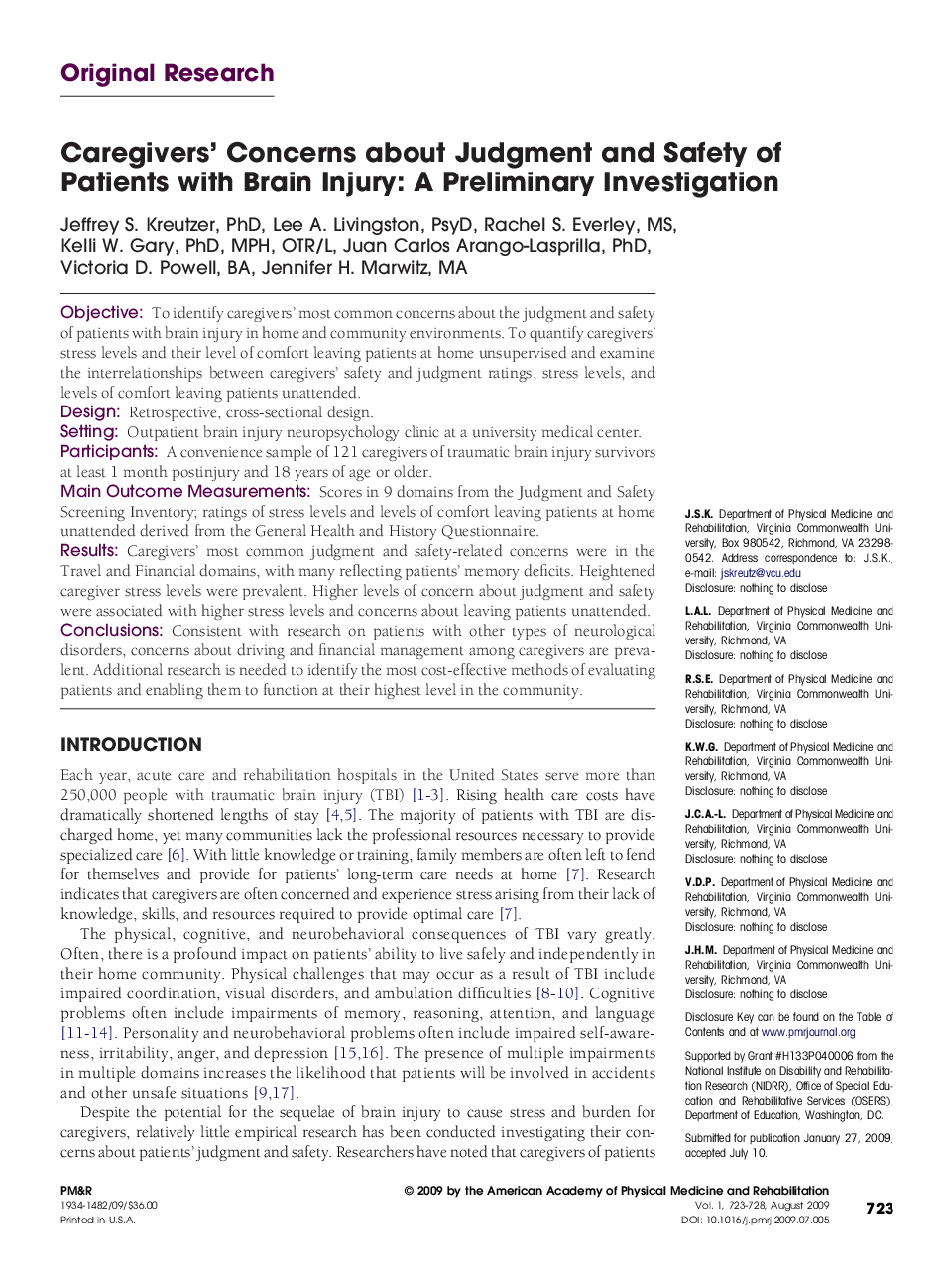 Caregivers' Concerns about Judgment and Safety of Patients with Brain Injury: A Preliminary Investigation