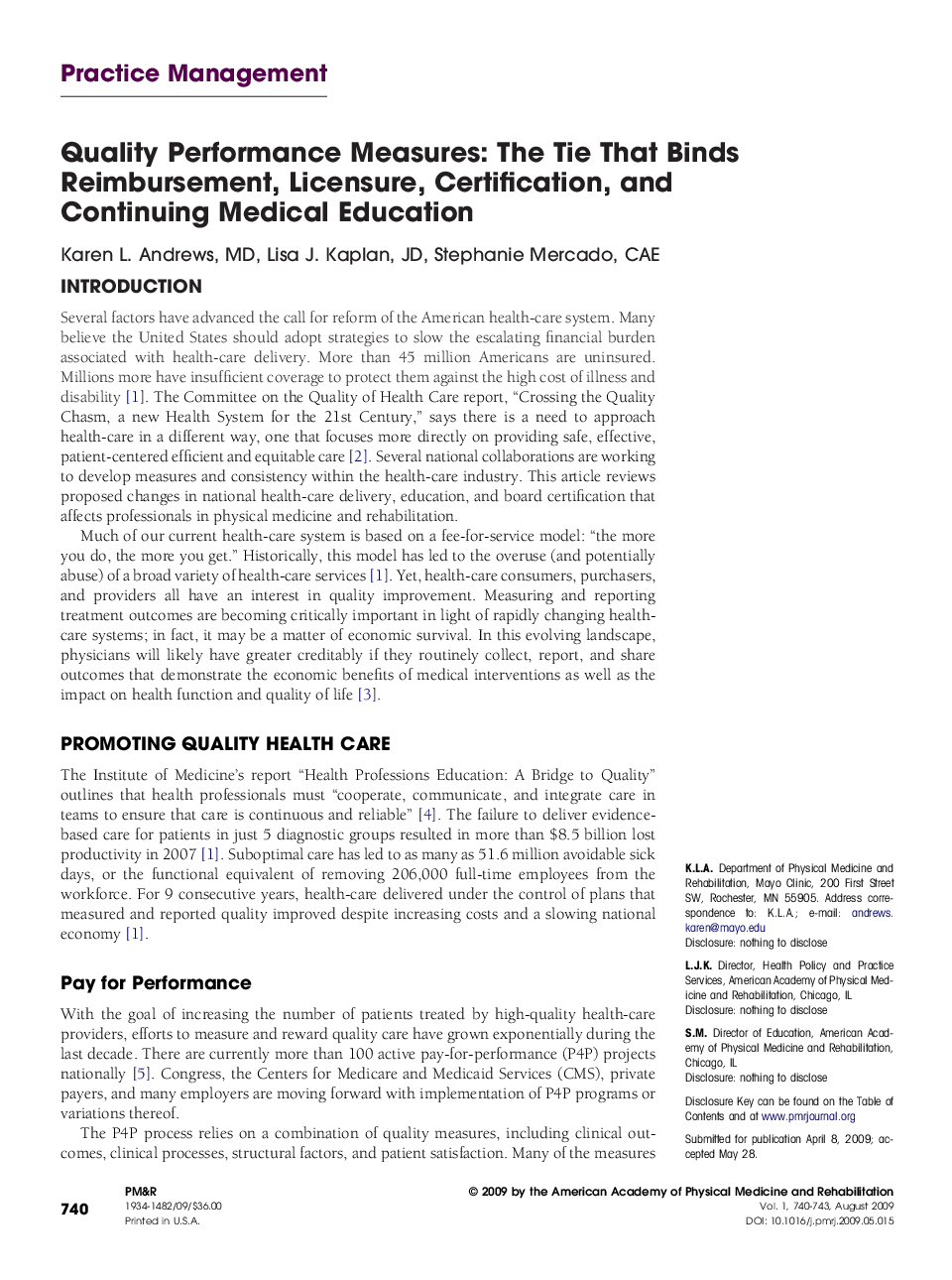 Quality Performance Measures: The Tie That Binds Reimbursement, Licensure, Certification, and Continuing Medical Education