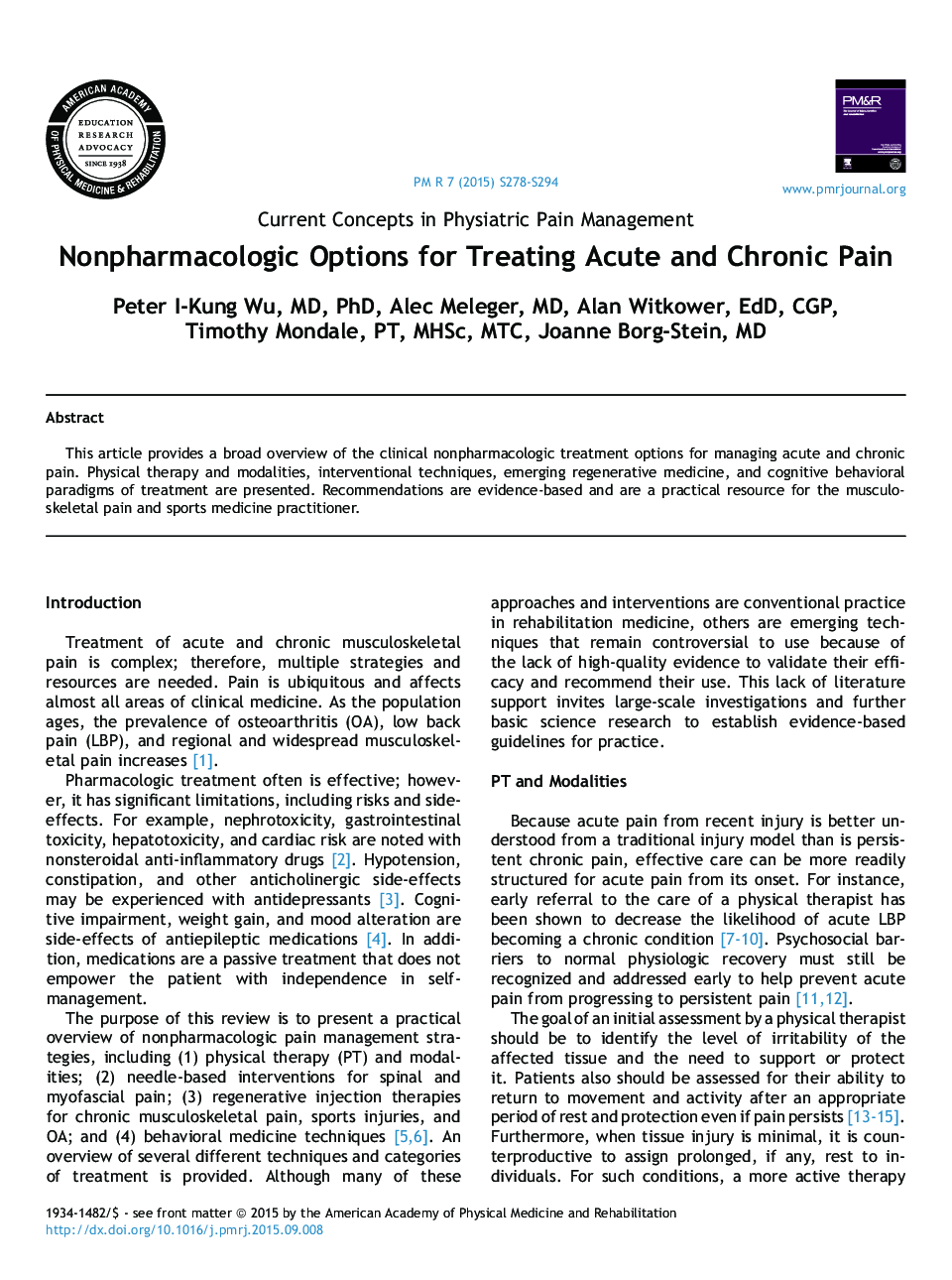 Nonpharmacologic Options for Treating Acute and Chronic Pain