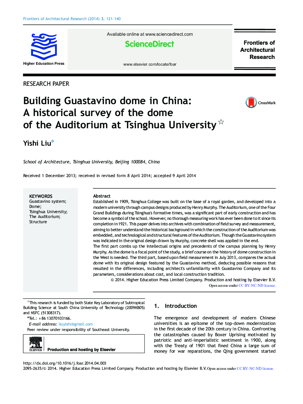 Building Guastavino dome in China: A historical survey of the dome of the Auditorium at Tsinghua University 