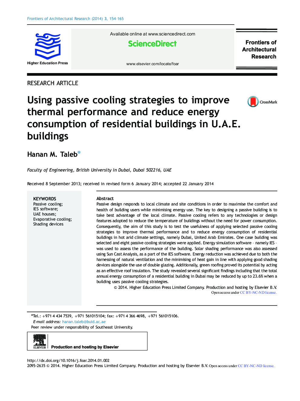استفاده از استراتژی های خنک کننده غیرفعال برای بهبود عملکرد حرارتی و کاهش مصرف انرژی ساختمان های مسکونی در ساختمان های U.A.E. 