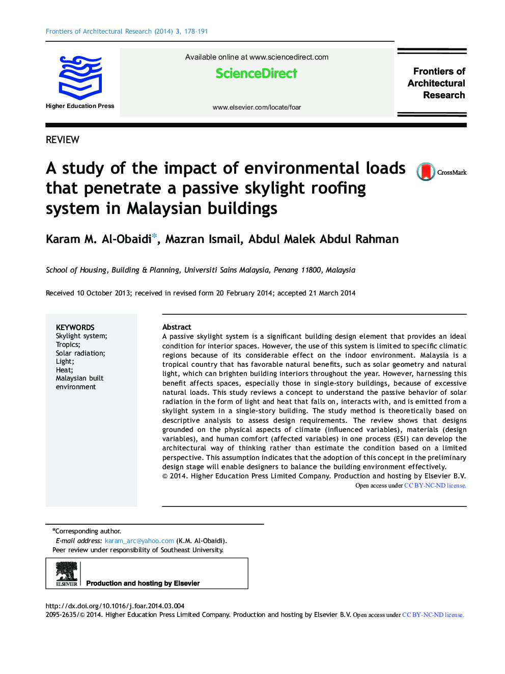 A study of the impact of environmental loads that penetrate a passive skylight roofing system in Malaysian buildings 